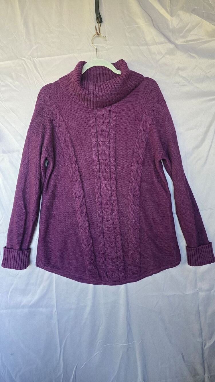 L.L.Bean Sweater Womens Large Purple Cable Knit Turtleneck Pullover 100% Cotton